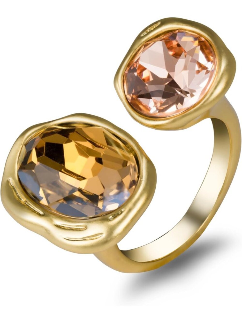 Vintage Open Statement Ring with Cubic Zirconia & Crystal - Adjustable Gold